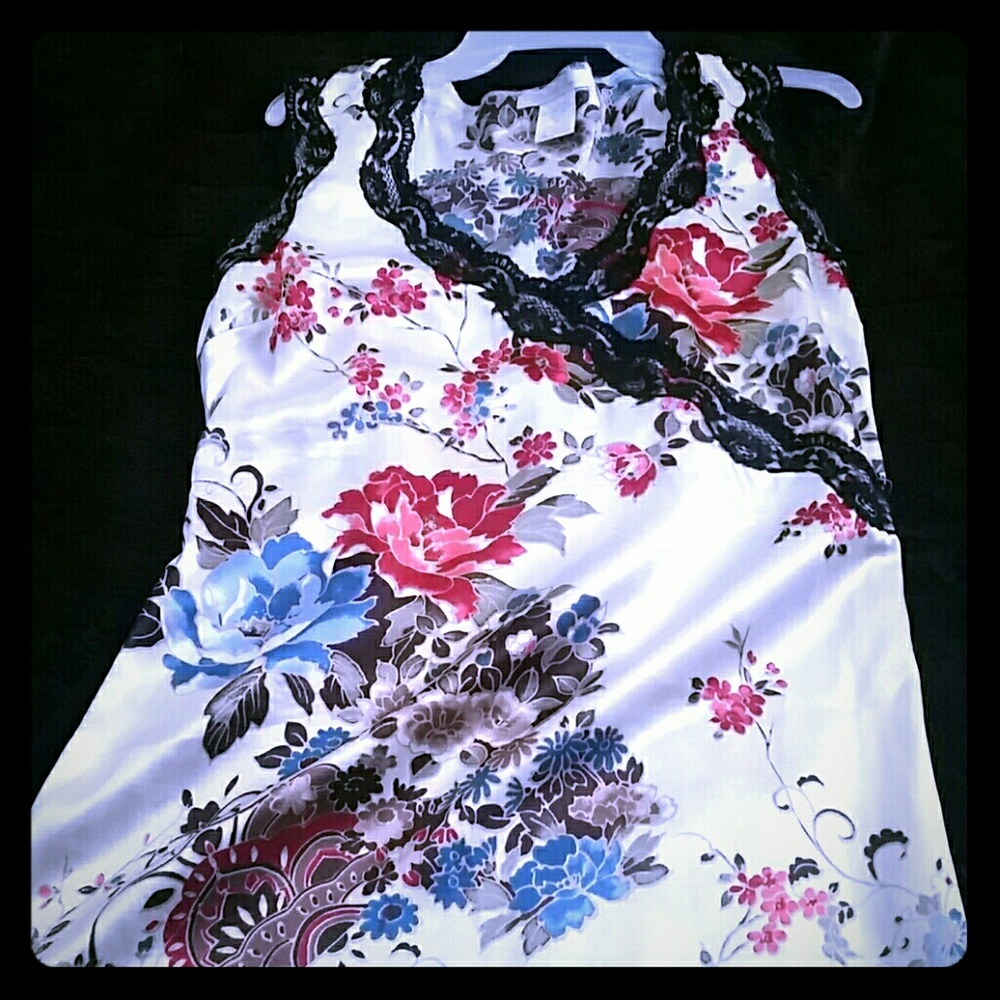 Cream colored faux silk dress with floral pattern